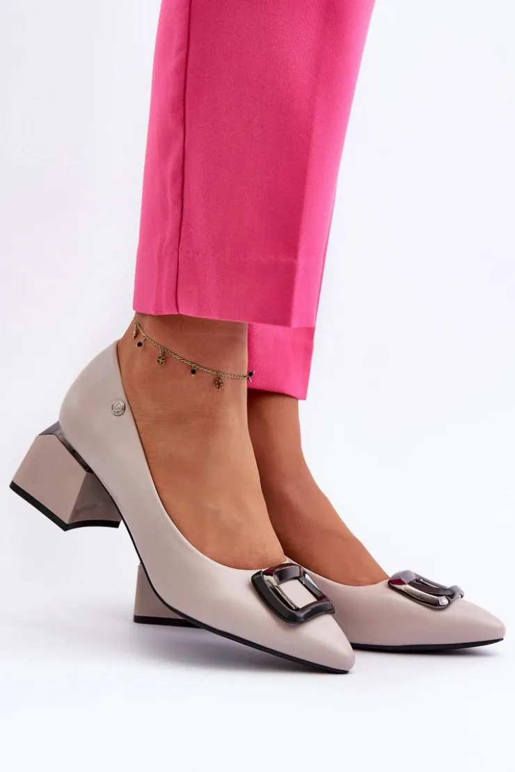 Damskie Buty damskie Vinceza Czółenka Na Obcasie Klocku Z Ozdobą Eko Skórzane Szare Sarala