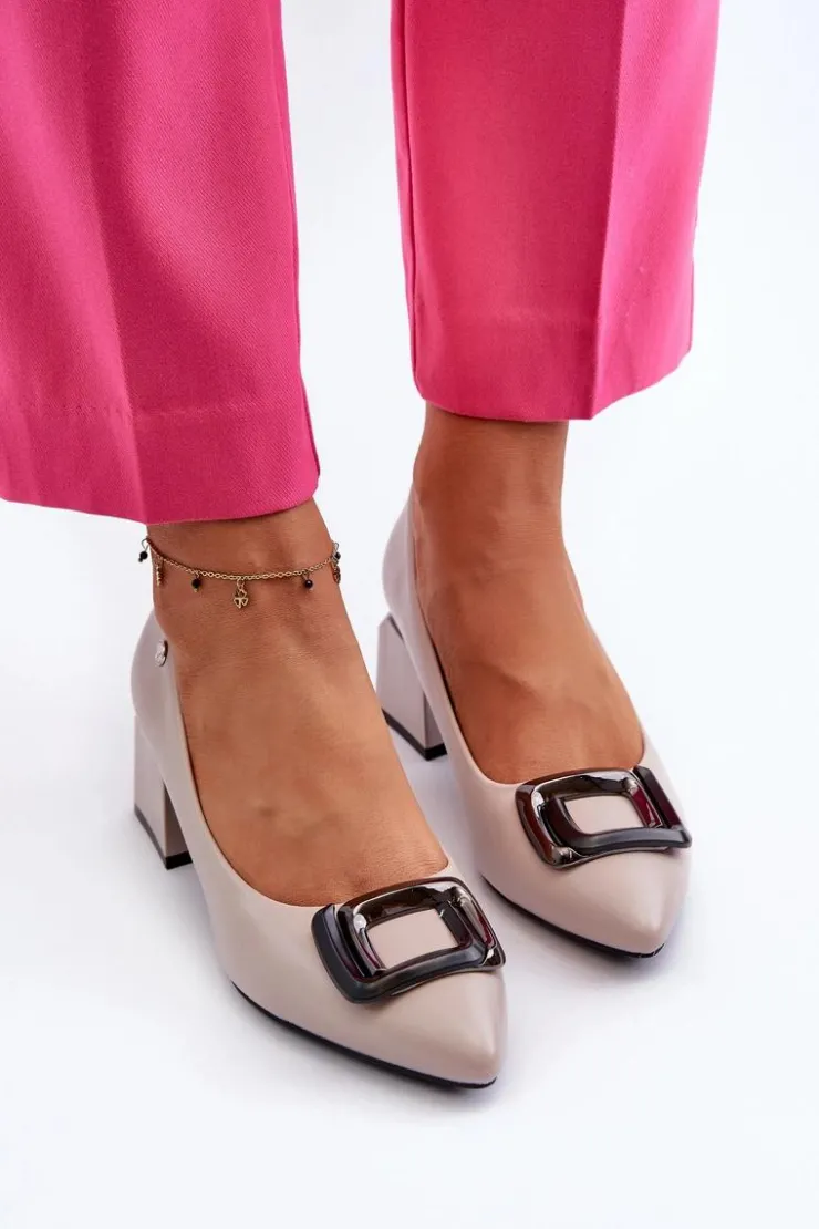 Damskie Buty damskie Vinceza Czółenka Na Obcasie Klocku Z Ozdobą Eko Skórzane Szare Sarala