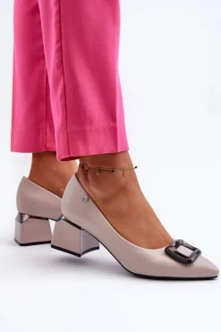 Damskie Buty damskie Vinceza Czółenka Na Obcasie Klocku Z Ozdobą Eko Skórzane Szare Sarala