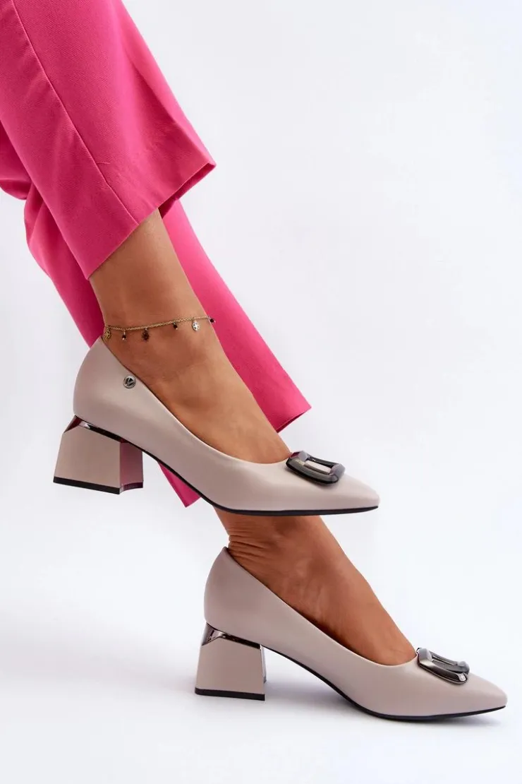 Damskie Buty damskie Vinceza Czółenka Na Obcasie Klocku Z Ozdobą Eko Skórzane Szare Sarala