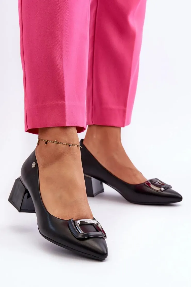 Damskie Buty damskie Vinceza Czółenka Na Obcasie Klocku Z Ozdobą Eko Skórzane Czarne Sarala