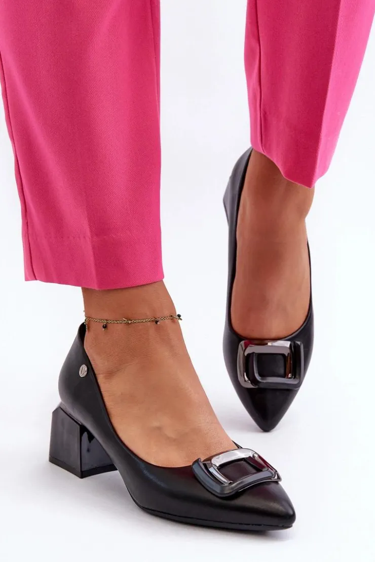 Damskie Buty damskie Vinceza Czółenka Na Obcasie Klocku Z Ozdobą Eko Skórzane Czarne Sarala