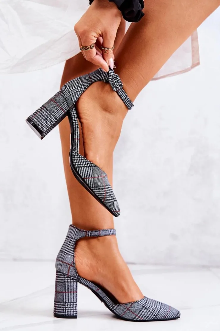 Outlet Boto Czółenka Na Słupku Kratka Czarno-Białe Harye