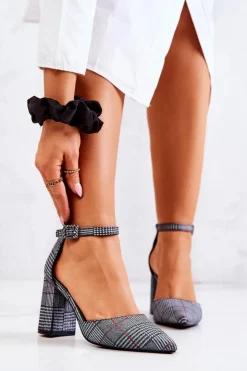 Outlet Boto Czółenka Na Słupku Kratka Czarno-Białe Harye