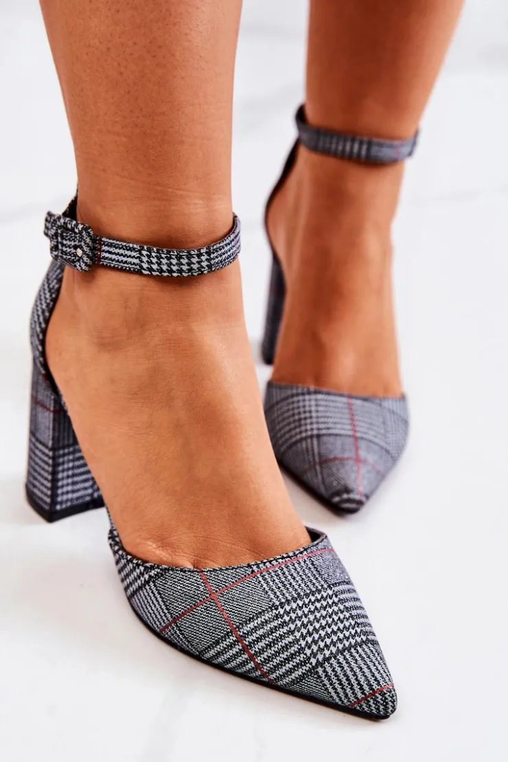 Outlet Boto Czółenka Na Słupku Kratka Czarno-Białe Harye