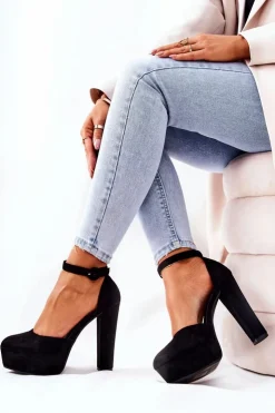 Damskie Boto Czółenka Na Słupku Platformie Zamszowe Czarne Netel