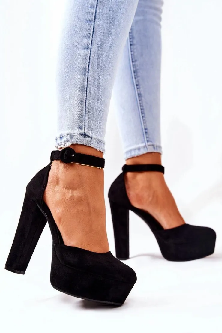 Damskie Boto Czółenka Na Słupku Platformie Zamszowe Czarne Netel