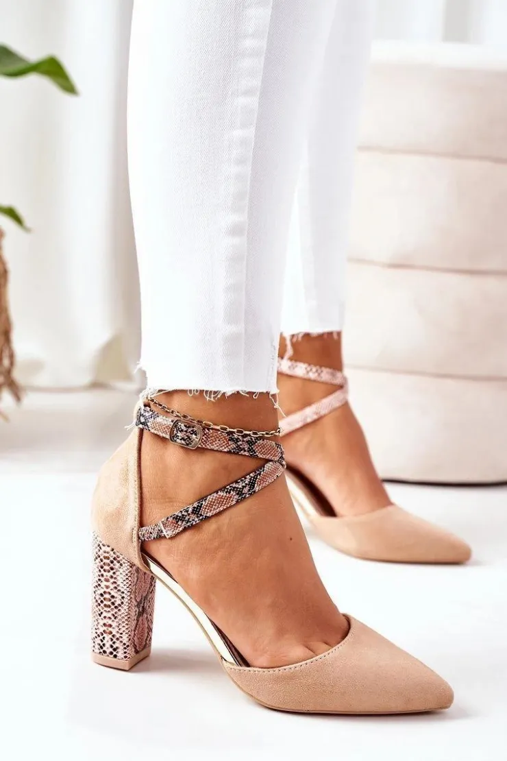 Damskie Damskie buty S.Barski Czółenka Na Słupku S.Barski Wężowe Beżowe