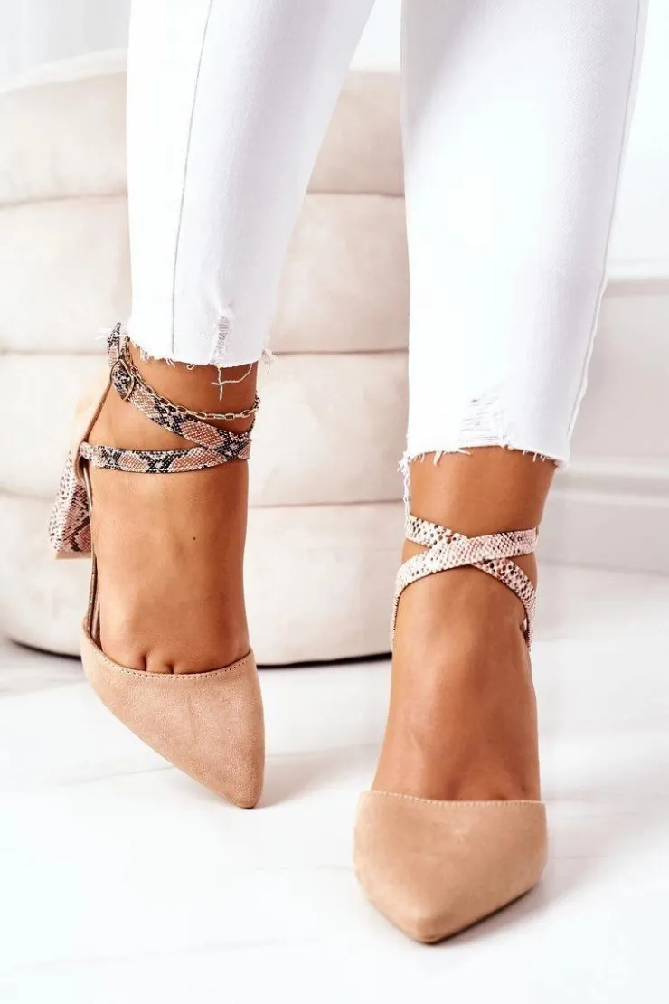 Damskie Damskie buty S.Barski Czółenka Na Słupku S.Barski Wężowe Beżowe