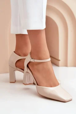 Damskie Boto Czółenka Na Słupku Z Lakierowanej Eko Skóry Beżowe Emindria