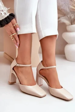 Damskie Boto Czółenka Na Słupku Z Lakierowanej Eko Skóry Beżowe Emindria