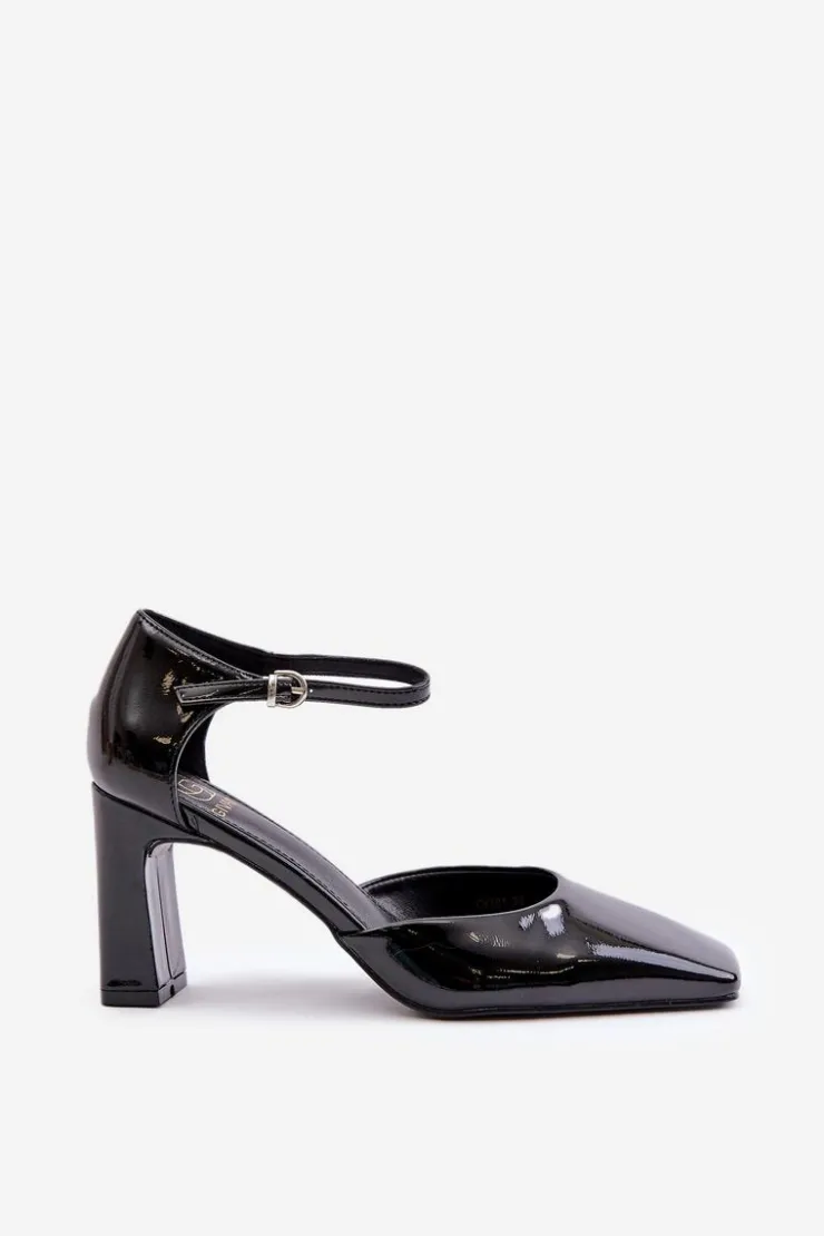 Outlet Boto Czółenka Na Słupku Z Lakierowanej Eko Skóry Czarne Emindria