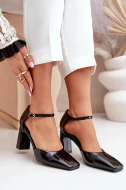 Outlet Boto Czółenka Na Słupku Z Lakierowanej Eko Skóry Czarne Emindria