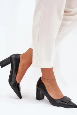 Damskie Boto Czółenka Na Słupku Z Ozdobą Czarne Celira