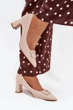 Hot Boto Czółenka Na Słupku Z Ozdobną Klamrą Beżowe Seriva Beżowy