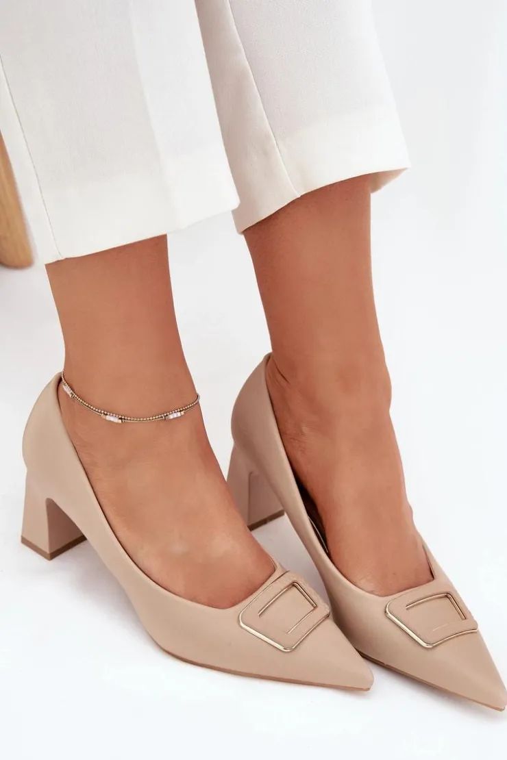 Boto Czółenka Na Słupku|Czółenka Klasyczne*Czółenka Na Słupku Z Ozdobną Klamrą Nude Seriva Beżowy