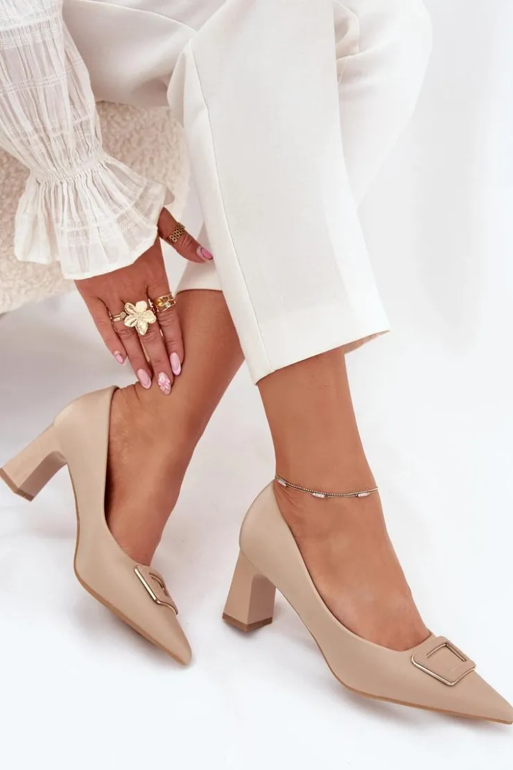 Boto Czółenka Na Słupku|Czółenka Klasyczne*Czółenka Na Słupku Z Ozdobną Klamrą Nude Seriva Beżowy