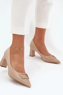 Boto Czółenka Na Słupku|Czółenka Klasyczne*Czółenka Na Słupku Z Ozdobną Klamrą Nude Seriva Beżowy