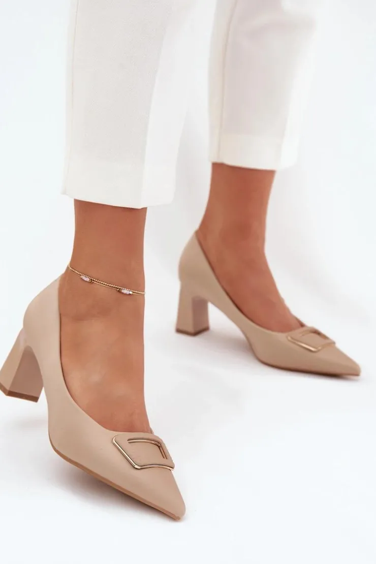 Boto Czółenka Na Słupku|Czółenka Klasyczne*Czółenka Na Słupku Z Ozdobną Klamrą Nude Seriva Beżowy