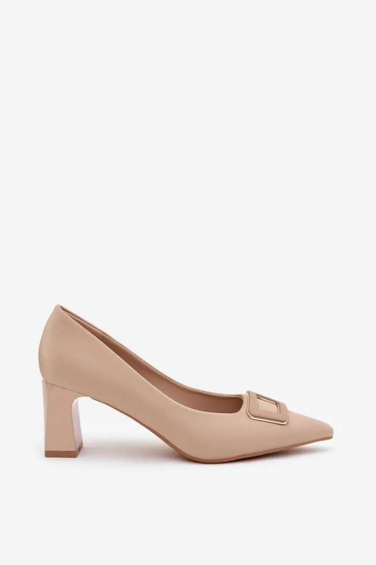 Boto Czółenka Na Słupku|Czółenka Klasyczne*Czółenka Na Słupku Z Ozdobną Klamrą Nude Seriva Beżowy