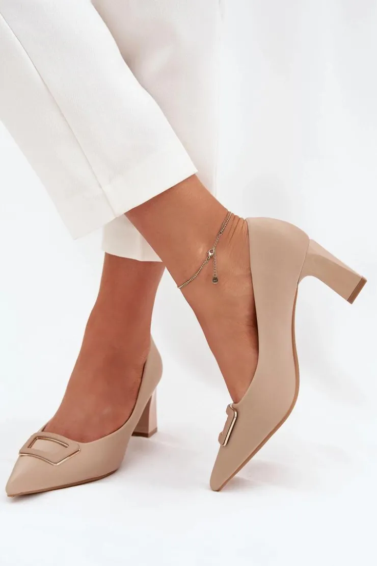 Boto Czółenka Na Słupku|Czółenka Klasyczne*Czółenka Na Słupku Z Ozdobną Klamrą Nude Seriva Beżowy