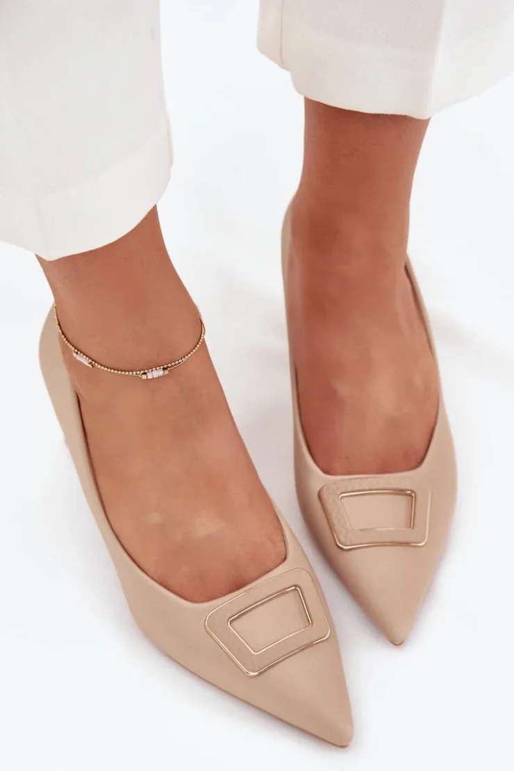 Boto Czółenka Na Słupku|Czółenka Klasyczne*Czółenka Na Słupku Z Ozdobną Klamrą Nude Seriva Beżowy