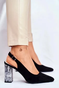 Damskie Buty Sergio Leone Czółenka Na Słupku Z Wężowym Wzorem Sergio Leone PB218 Czarne