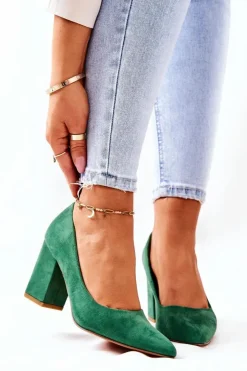 Damskie Boto Czółenka Na Słupku Zamszowe Zielone Florena