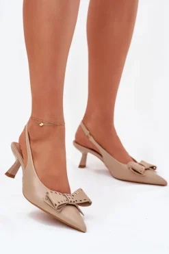 Boto Czółenka Klasyczne*Czółenka Na Szpilce Z Kokardą Beżowe Folesca Beżowy