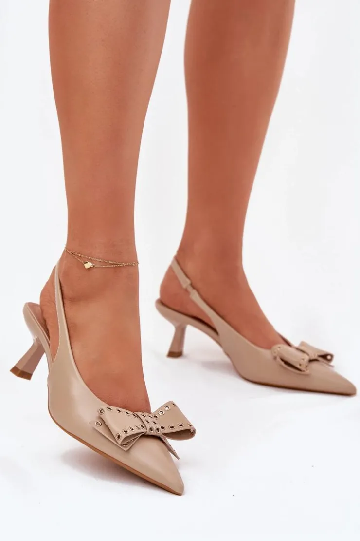 Boto Czółenka Klasyczne*Czółenka Na Szpilce Z Kokardą Beżowe Folesca Beżowy