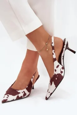 Damskie Boto Czółenka Na Szpilce Z Odkrytą Piętą W Łaty Brązowo-Białe Talira
