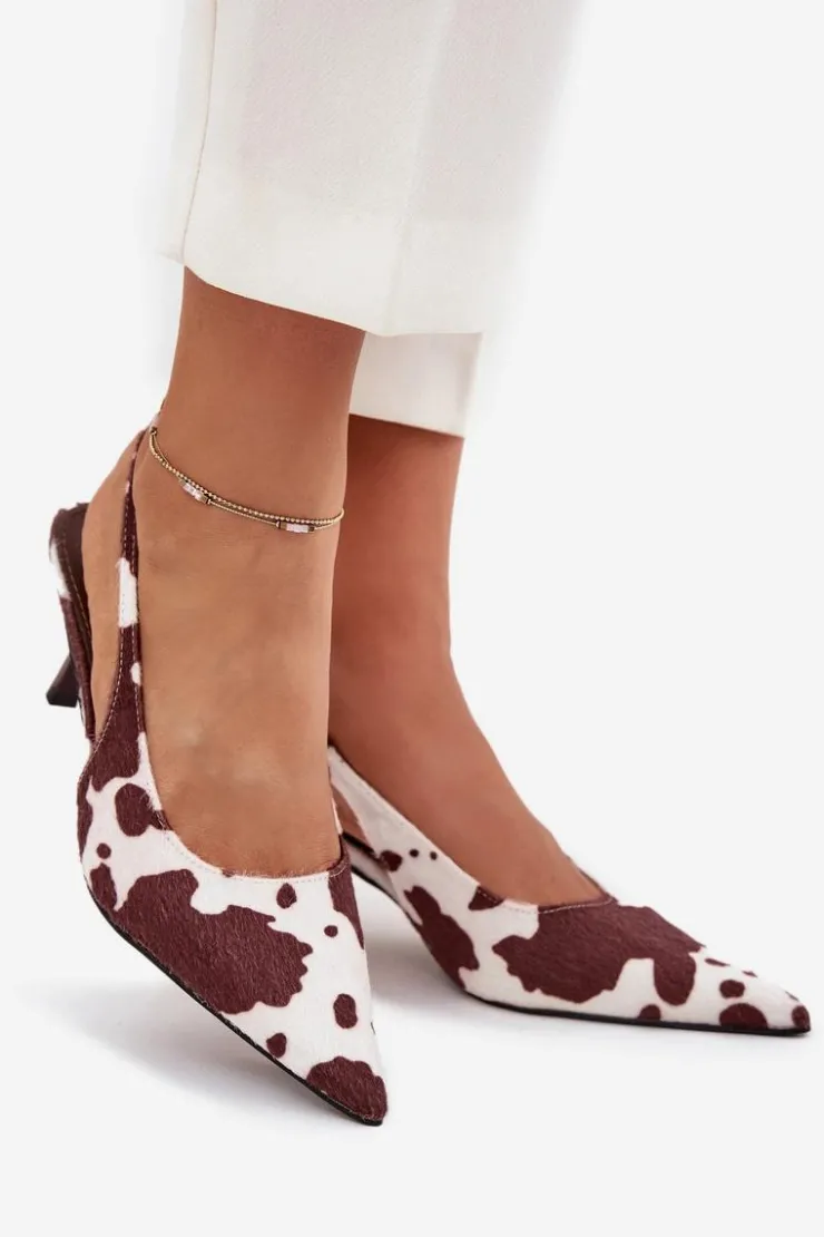 Damskie Boto Czółenka Na Szpilce Z Odkrytą Piętą W Łaty Brązowo-Białe Talira
