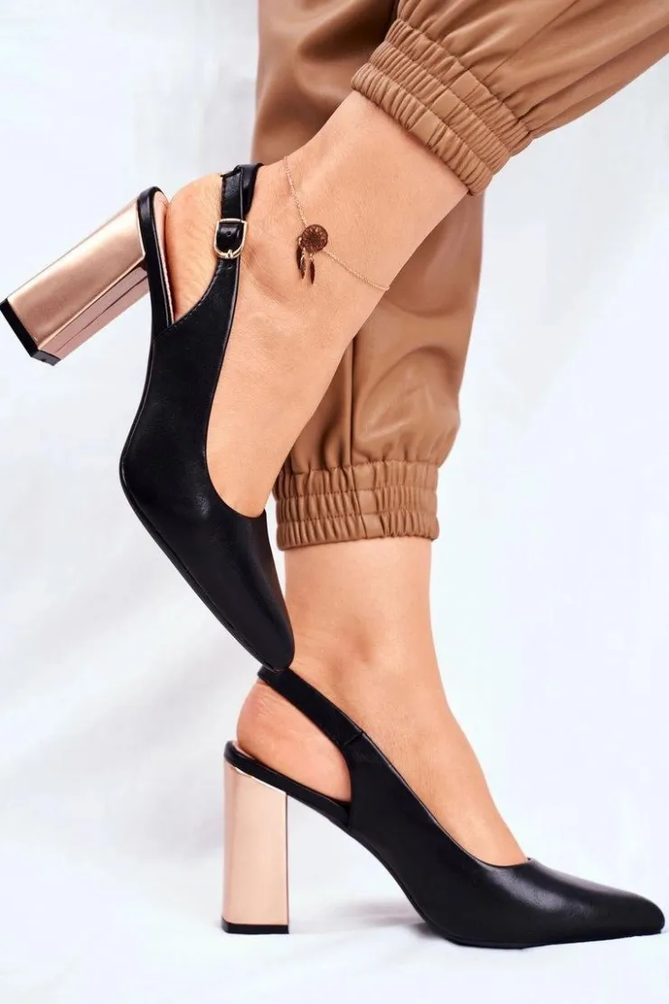 Buty Sergio Leone Czółenka Na Słupku*Czółenka Na Złotym Słupku Sergio Leone PB218 Czarne