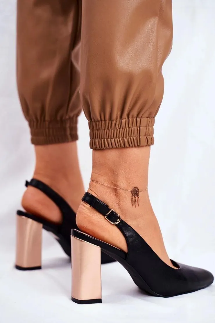 Buty Sergio Leone Czółenka Na Słupku*Czółenka Na Złotym Słupku Sergio Leone PB218 Czarne