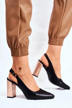 Buty Sergio Leone Czółenka Na Słupku*Czółenka Na Złotym Słupku Sergio Leone PB218 Czarne