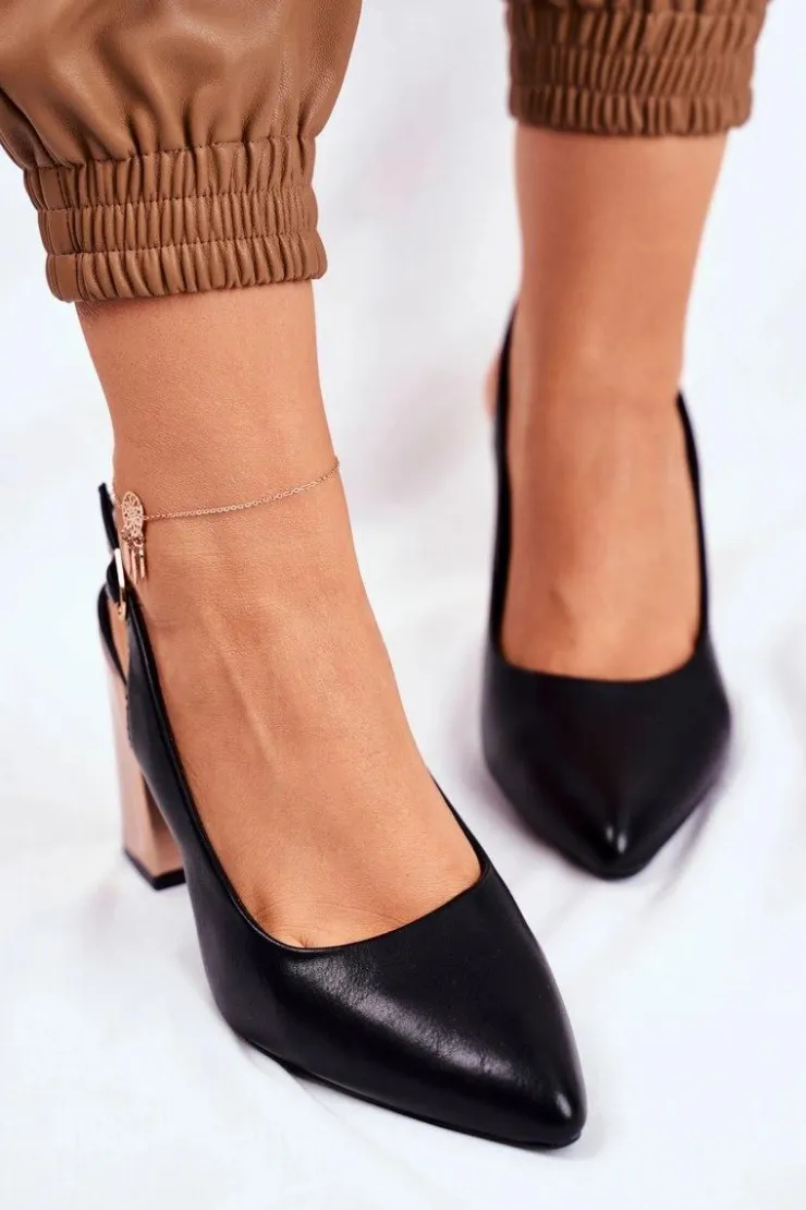 Buty Sergio Leone Czółenka Na Słupku*Czółenka Na Złotym Słupku Sergio Leone PB218 Czarne