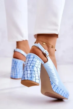 Maciejka Czółenka Klasyczne|Czółenka Na Słupku*Czółenka Skórzane 05441-06 Niebieskie