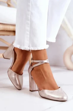 Damskie Buty Sergio Leone Czółenka Skórzane Na Słupku Sergio Leone SK851 Złote