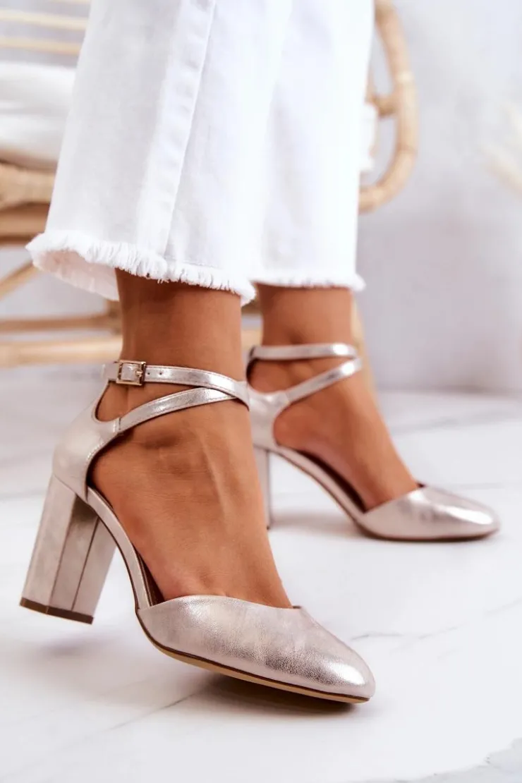 Damskie Buty Sergio Leone Czółenka Skórzane Na Słupku Sergio Leone SK851 Złote