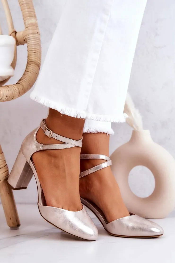 Damskie Buty Sergio Leone Czółenka Skórzane Na Słupku Sergio Leone SK851 Złote