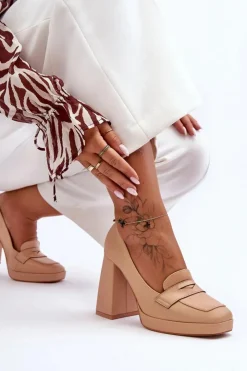 Damskie Boto Czółenka Skórzane Na Wysokim Obcasie Nude Alisa