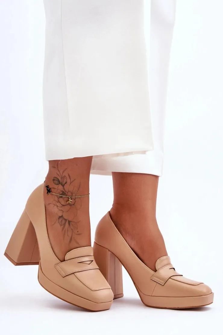 Damskie Boto Czółenka Skórzane Na Wysokim Obcasie Nude Alisa