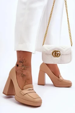 Damskie Boto Czółenka Skórzane Na Wysokim Obcasie Nude Alisa