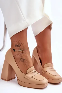 Damskie Boto Czółenka Skórzane Na Wysokim Obcasie Nude Alisa