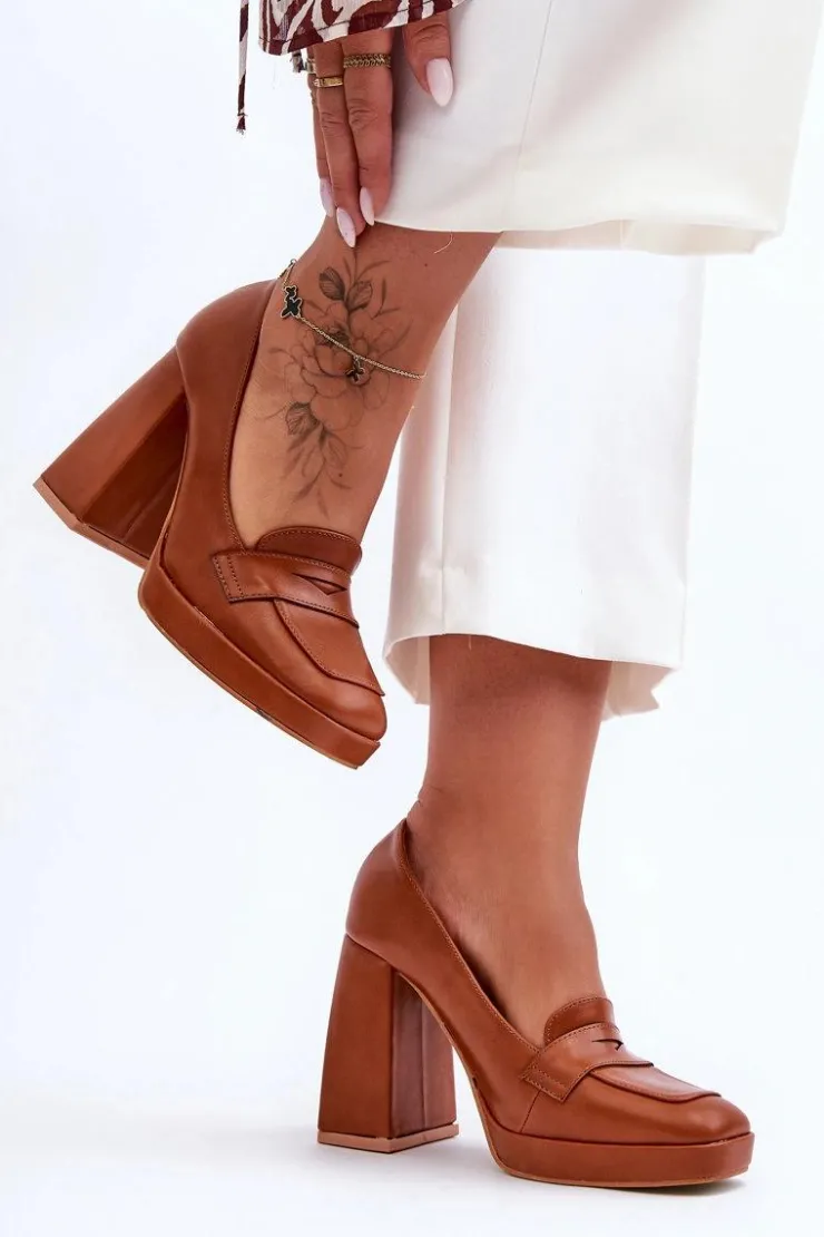 Damskie Boto Czółenka Skórzane Na Wysokim Obcasie Camel Alisa