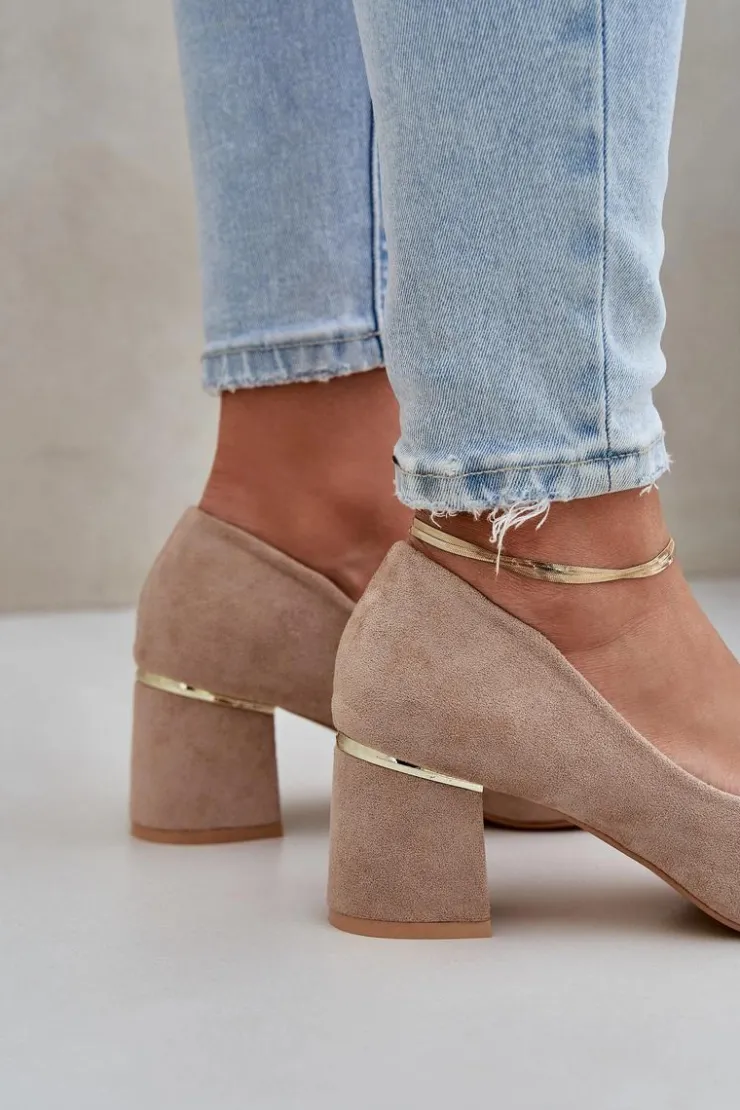 Damskie Boto Czółenka Z Eko Zamszu Na Słupku Ciemnobeżowe Zelfitis