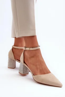 Boto Czółenka Zamszowe|Czółenka Na Słupku*Czółenka z Eko Zamszu Na Zdobionym Słupku Beżowe Anlitela