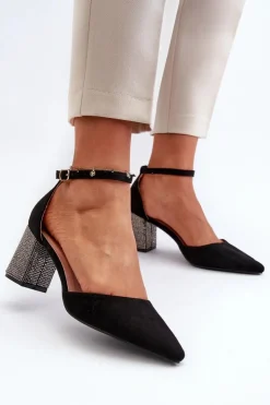 Damskie Boto Czółenka z Eko Zamszu Na Zdobionym Słupku Czarne Anlitela