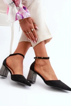 Damskie Boto Czółenka z Eko Zamszu Na Zdobionym Słupku Czarne Anlitela