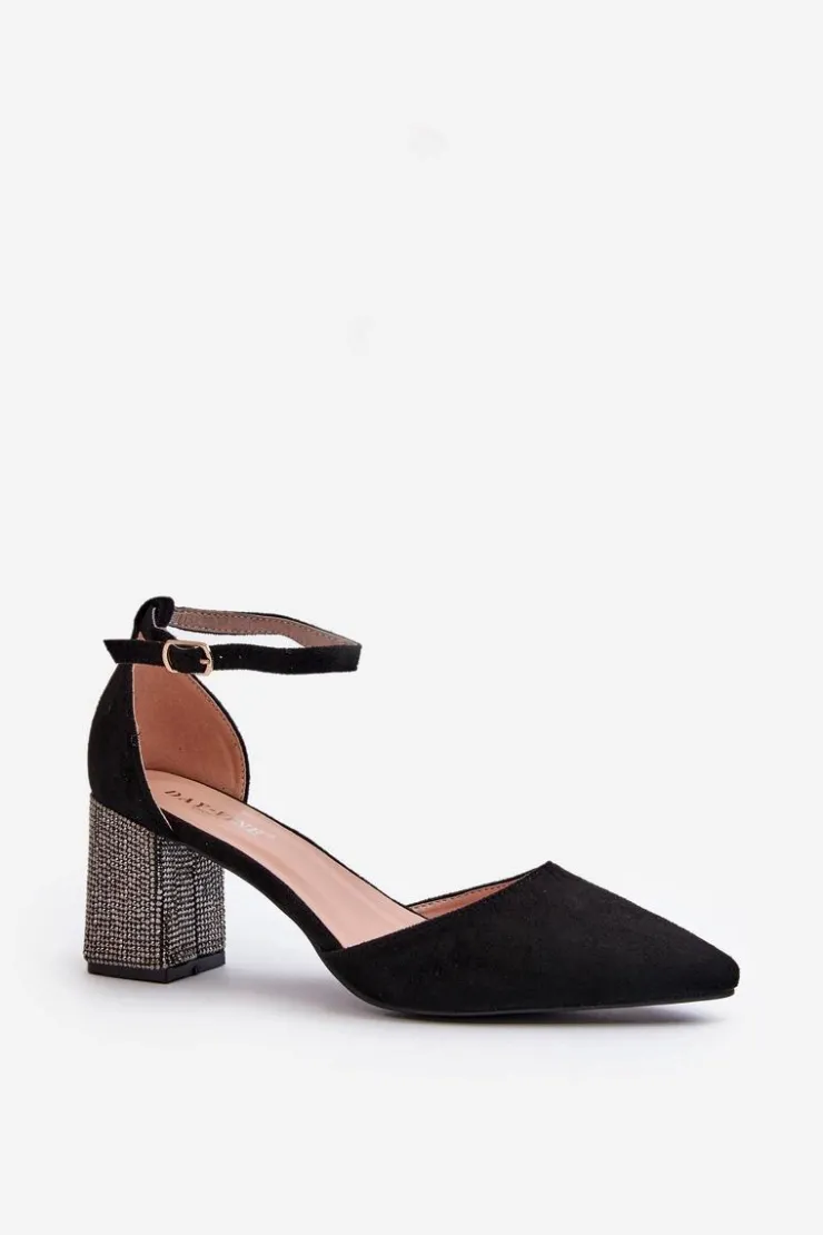 Damskie Boto Czółenka z Eko Zamszu Na Zdobionym Słupku Czarne Anlitela